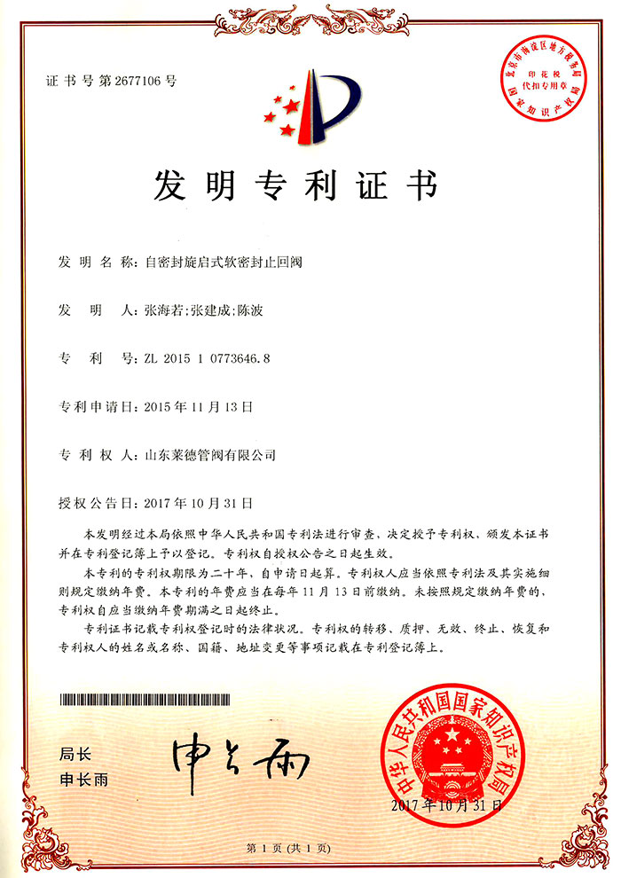 自密封旋啟(qi)式軟密封止回(huí)閥發明專利